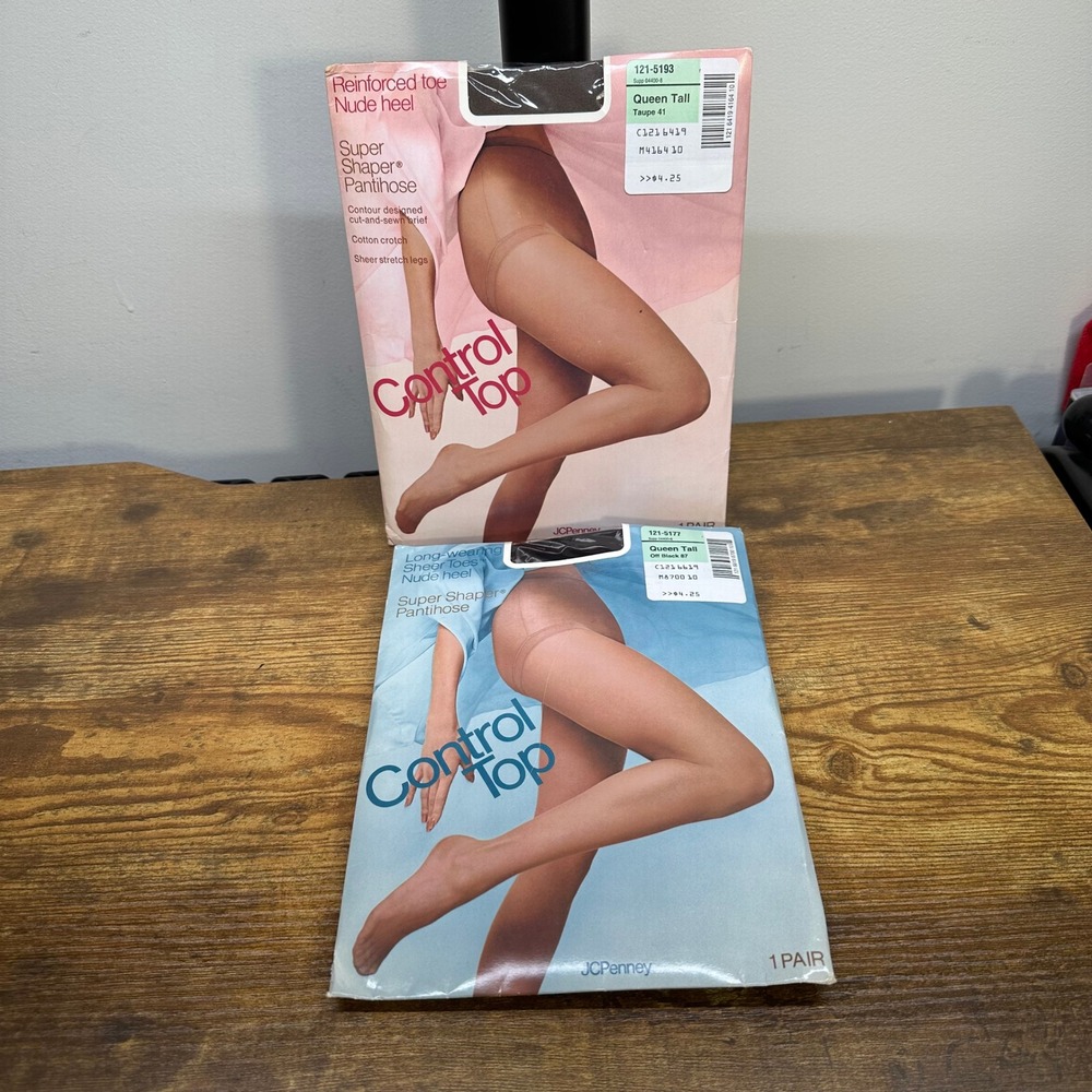 Lot 2 JCPenney Super Shaper Pantyhose Queen Tall Taupe Off Black Control Top USA